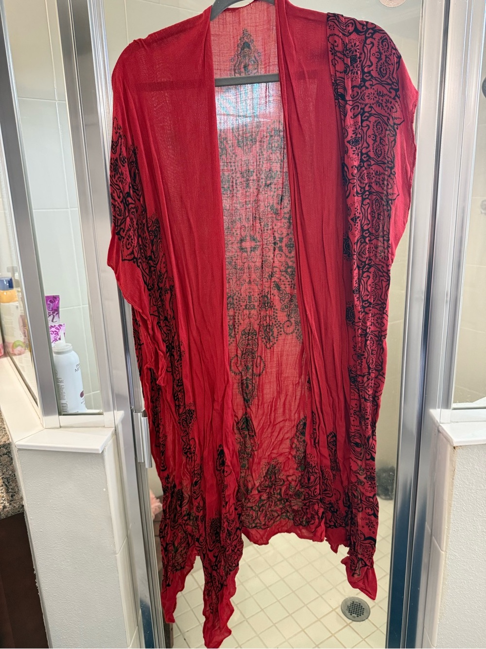 lovestitch Red Kimono Cardigan with Black Scroll Print